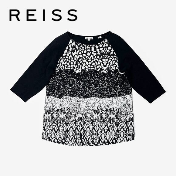 Reiss Melinda Mixed Media Top Small Black White Cotton Blend Lace Abstract - Picture 13 of 13